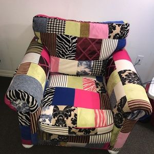 Reupholstered patchwork chair. Minor wear, no tear